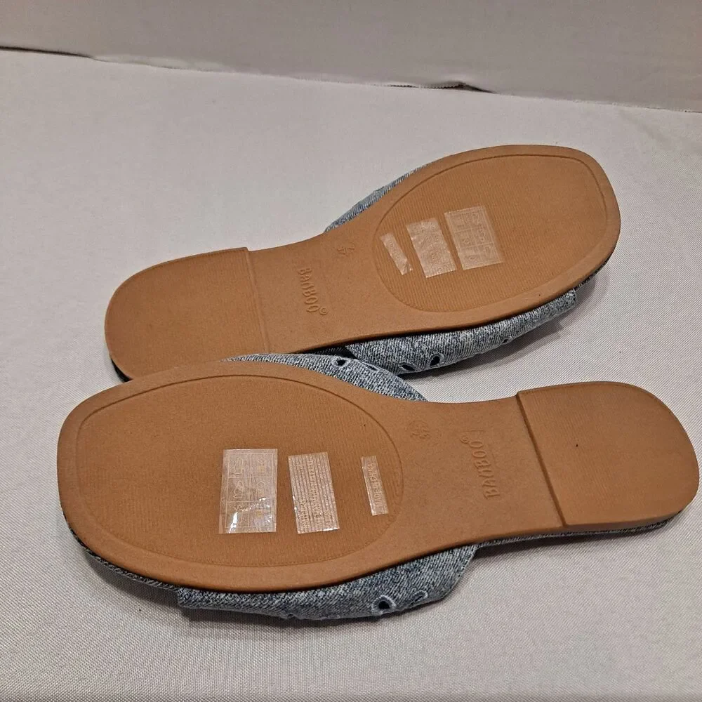 Bamboo Women's Denim Slide Sandals Size 7.5 Blue Floral Embroidered Perforated